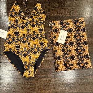 Ulla Johnson Bathing Suit and Sarong, Size Petite BNWT Gold Multi